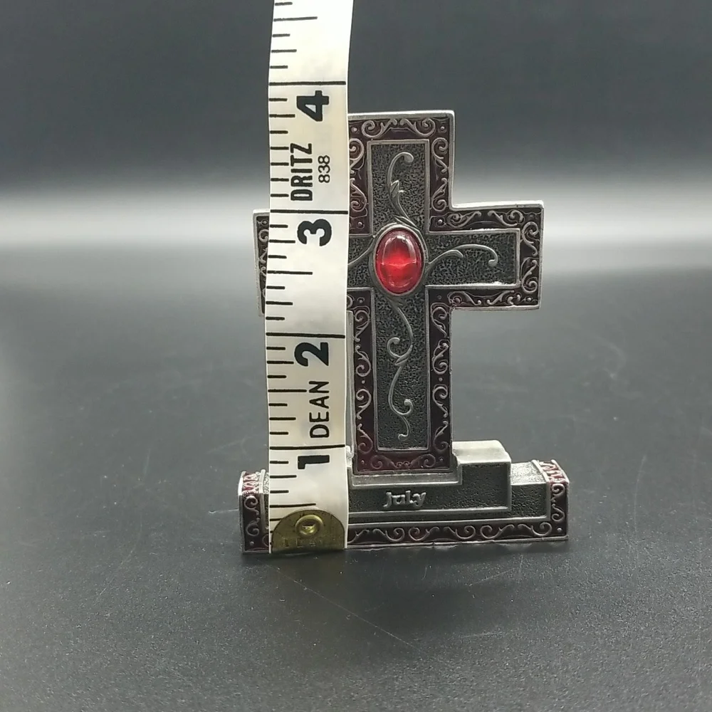 Ornate Pewter 2003 "July" Birthday Ruby Red Gemstone Standing Cross Statue - Picture 9 of 11